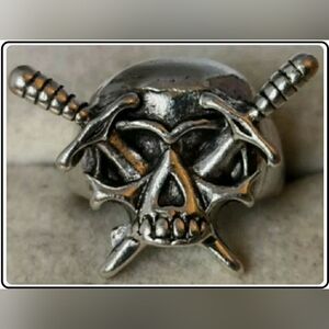 Silver Skull Ring Signet Biker Skull Demon Devil swords